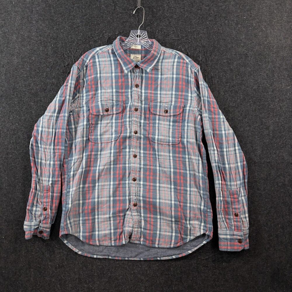 J.Crew Slim Chambray Double-Weave Shirt Men's Large Blue Red Plaid Flannel Work
